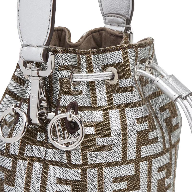 Fendi Mon Tresor FF Узор Металлический Эффект Съемный Плечевой Ремень Сумка-Ведро Женская Сумка На Плечо Серебристый 8BS010APKVF1MZS