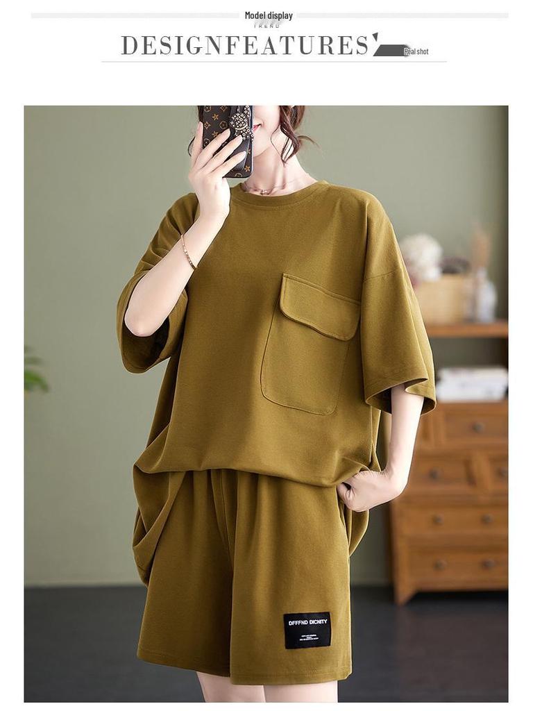 Women's Fashionable European Style Short-Sleeved Two-Piece Suits with Pockets, Plus-Size, Slimming Shorts, Casual Design.