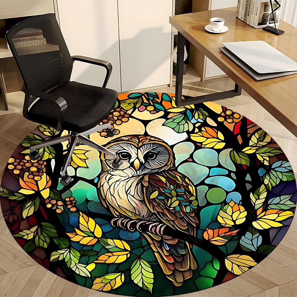 1pc Stained Glass Owl Office Round Area Rug, Under Office Chairs Bedroom Living Room Home Decor, Room Deco