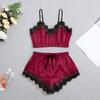 Women's 2 Piece Pajama Set Lace Trim V Neck Cami Crop Top Elastic Waist Shorts Set Casual Sleeveless Sleepwear Lounge Set
