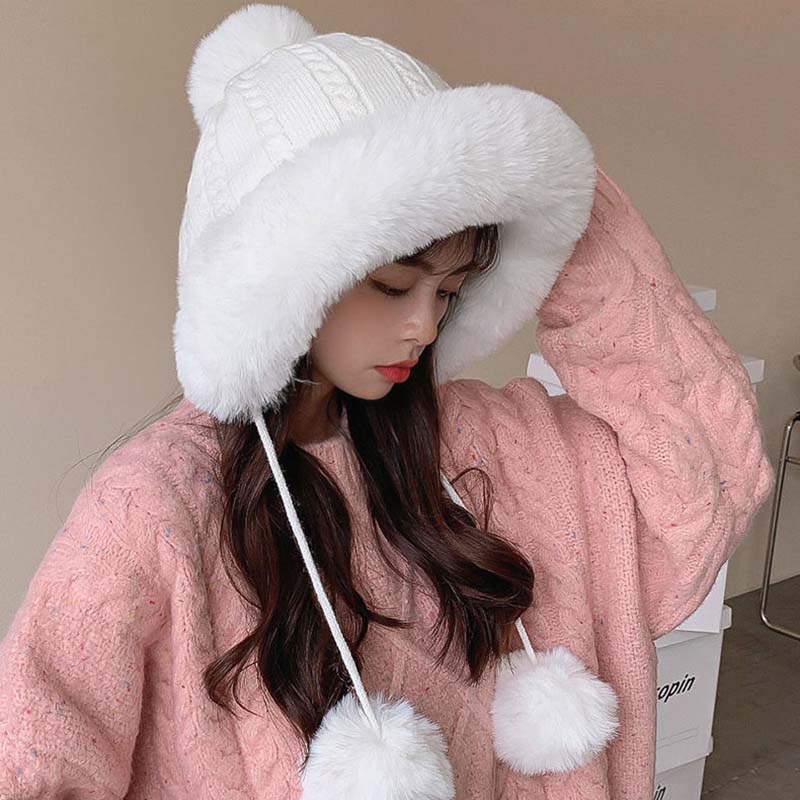 Шапка женская осенне-зимняя теплая вязаная шерстяная шапка милая дикая толстая теплая корейская версия плюшевой шапки Tide