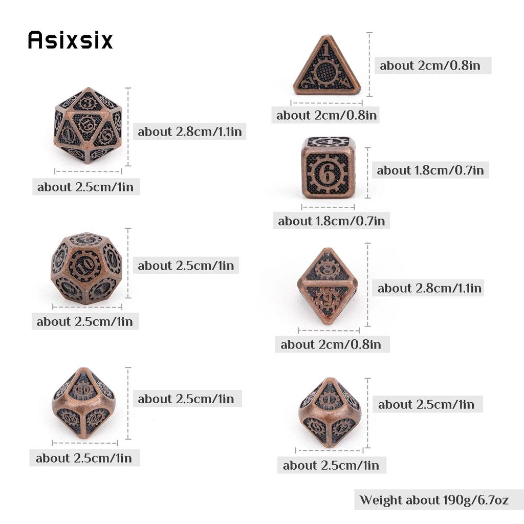 7 Pcs Copper Gear Wheel Metal Dice Solid Metal Polyhedral Dice Set Suitable for Role-Playing RPG Board Game Card Game