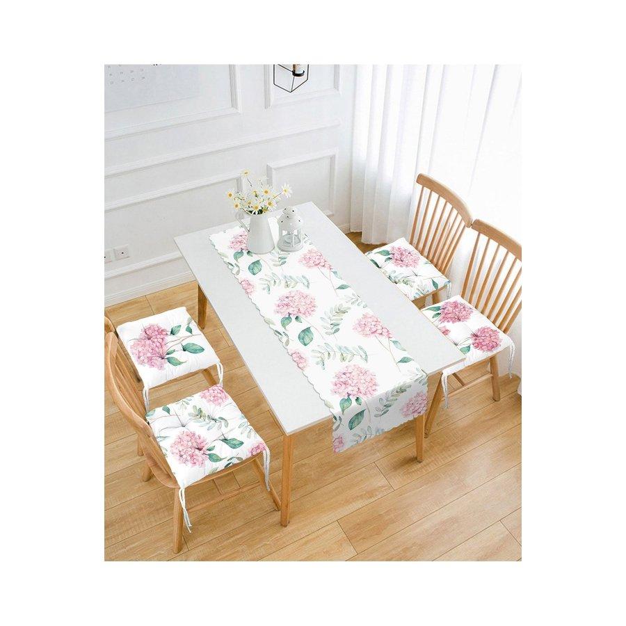 Набор подушек для стула с принтом «Цветы гортензии» / 4 квадратных подушки для стула 40 × 40 см и 1 дорожка