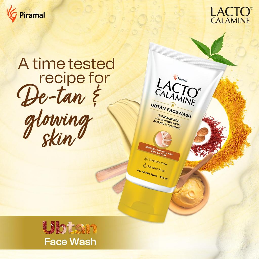 Lacto Calamine Ubtan Face Wash for Glowing Skin 100 ml Pack of 3 | Natural Exfoliating Facewash with Sandalwood & Saffron