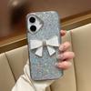 For iPhone 16 Case Large Bowknot Electroplated Glitter Epoxy Shockproof Phone Cover with Strap - White