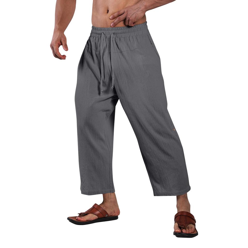 Мужские летние повседневные укороченные брюки на шнурке Мужские дышащие укороченные брюки из хлопка и льна