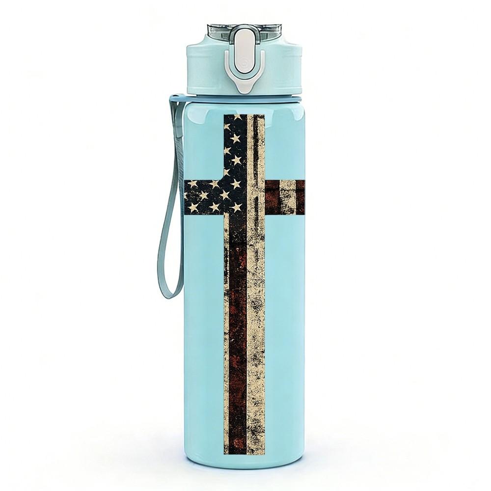 1PC Simple Christian Cross Solid Print 750ml Color Plastic Sports Water Bottle Leakproof Flip Straw Lid Suitable for Sports Office Home Use