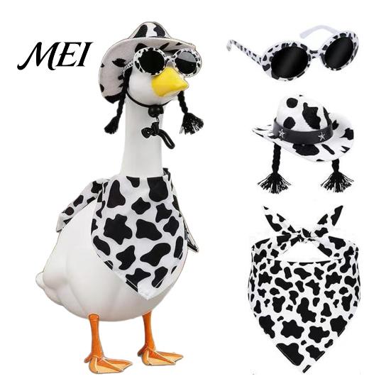 Elastic Strap Decorative Gear Porch Goose Costume Accessory Set, Leopard Cow Print Bandana Hat Sunglasses Outfit, Western Funny Miniature Photo Shoot