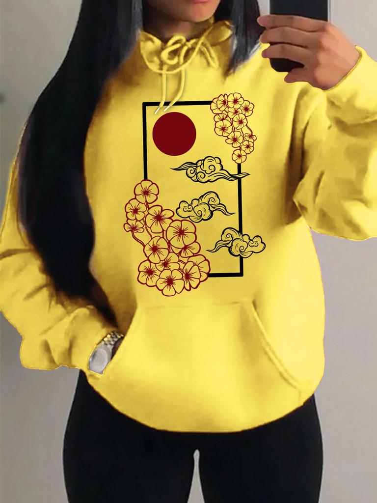 Harajuku Japanese Sunset Cherry Blossom Print Hoodie Women's Autumn Pocket Loose Clothing Casual Pullover Y2K Hoodie Women Top