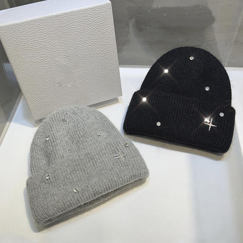 Acrylic Fibre Knitted Brimless Hat with Rhinestones Decors Winter Warm Skull Cap For Women Teens Girl Daily Outfit