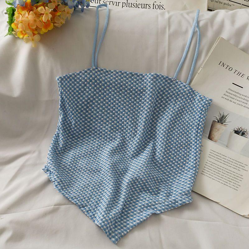 Летний короткий топ в клетку с открытым пупком, женский новый стиль, милый жилет внутри