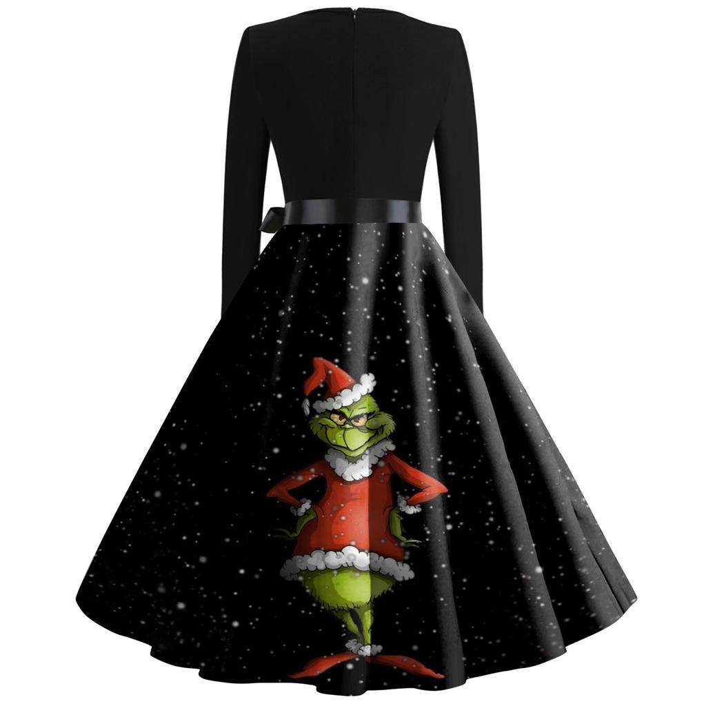 Женское модное повседневное платье с круглым вырезом и рождественским принтом и длинными рукавами