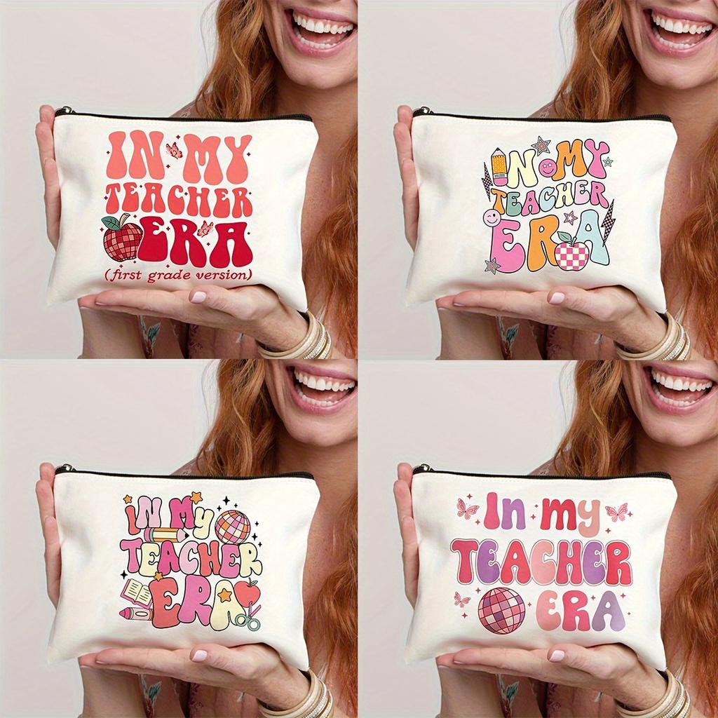 Simple "In My Teacher Era" Pattern Makeup Bag, Portable Travel Pouch Cosmetics Storage Bag, Toiletry Bag For Teachers Gift