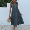 GMXIA Summer Sleeveless Pleated Skirt Loose V-neck Midlength Dress