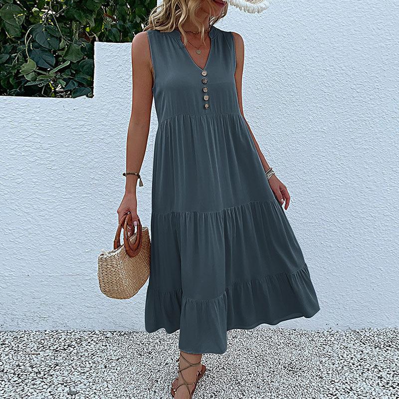 GMXIA Summer Sleeveless Pleated Skirt Loose V-neck Midlength Dress