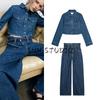 With Belt Paper Bag High Waist Jeans 0250010 Lapel Long Sleeve Short Demin Shirt 4365062