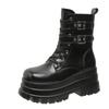 Fashion Black Autumn Women Punk Style Platform Ankle Boots Thick Sole Leather Motorcycle Boots 9CM Chunky Metal Buckle Short Boots Woman