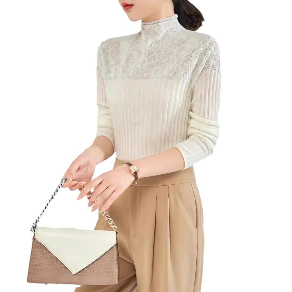 2024 Autumn/Winter Women's Silk Wool Sweater - Lace-Stitched Design with Curling Half High Collar