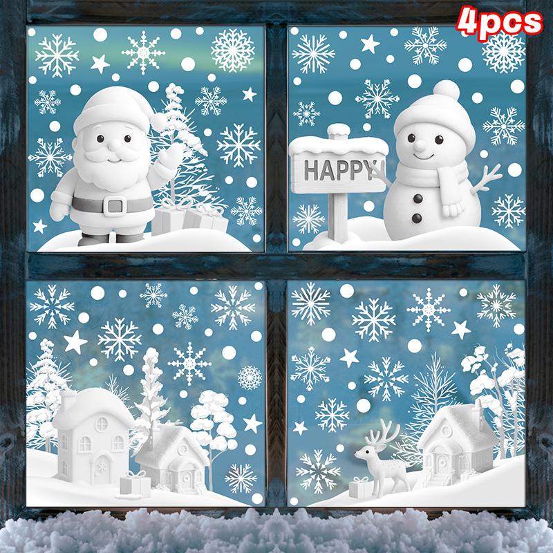 Christmas Decorations, White Snowflakes, Snowmen, Static Cling Stickers, Shop Window Decorations, Glass Stickers