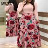 QICED Floral Print Patchwork Long Sleeve Bohemian Dress Women Spring Autumn O-Neck Big Swing Long Dresses