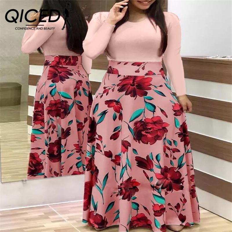 QICED Floral Print Patchwork Long Sleeve Bohemian Dress Women Spring Autumn O-Neck Big Swing Long Dresses