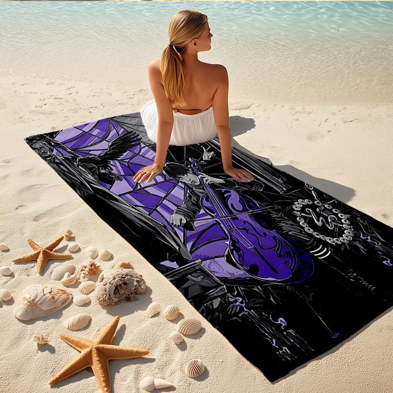 1Pc Purple Moonlit Cellist Beach Towel Quick Dry Multiuse For Beach Pool Gym Yoga Home Travel Christmas Halloween Xmas Gift G1172