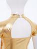 Children’s Sequined Dance Top Mock Neck Short Sleeve Metallic Shiny Mesh Tiered Front Back Cut Out for Competition Stage Wear