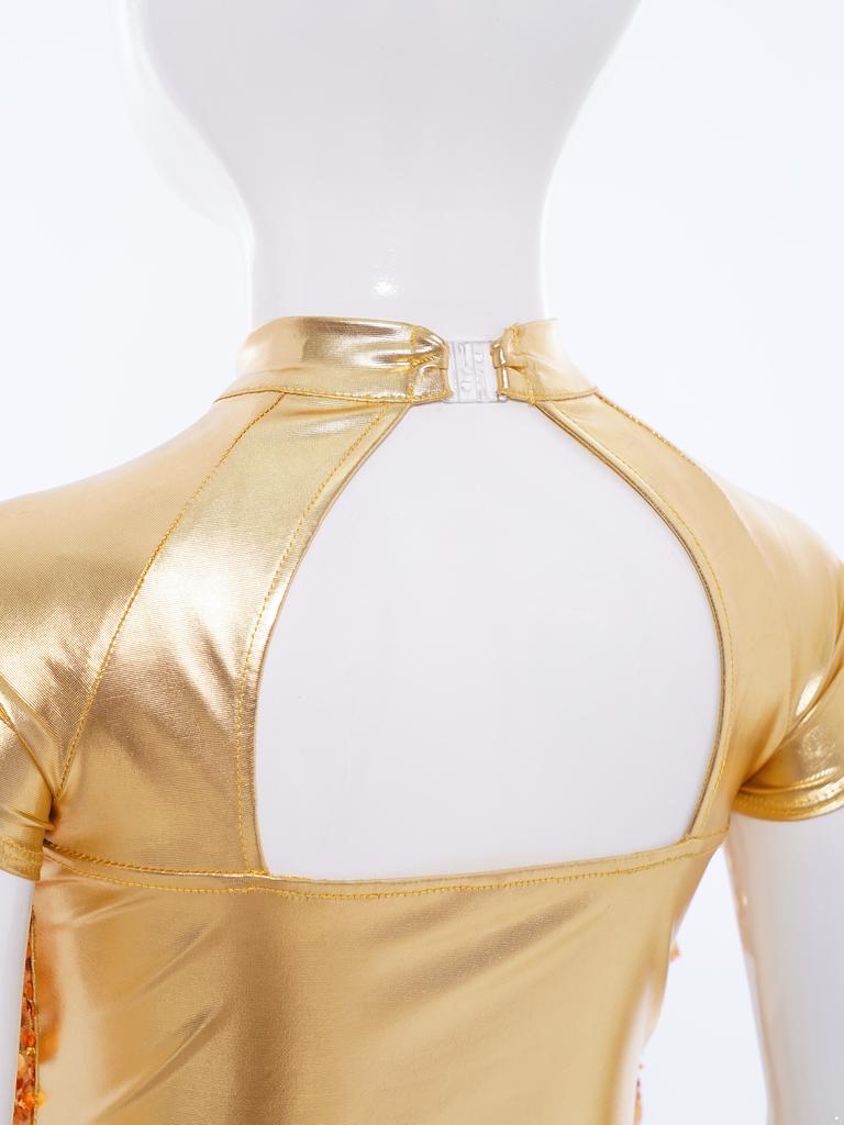 Children’s Sequined Dance Top Mock Neck Short Sleeve Metallic Shiny Mesh Tiered Front Back Cut Out for Competition Stage Wear