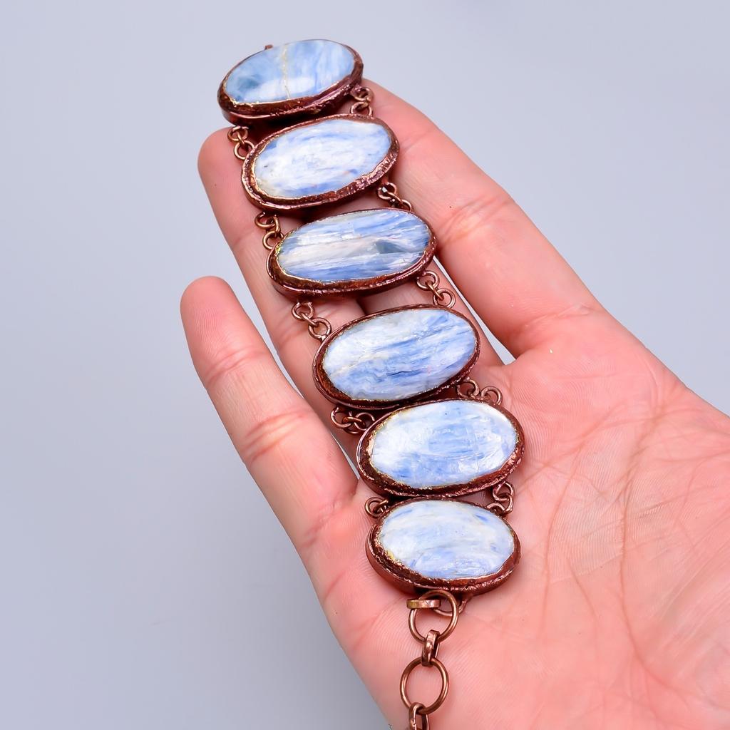 Овальный камень голубого кианита Медь Заявление Юбилейный подарок Электроформованный браслет V-74