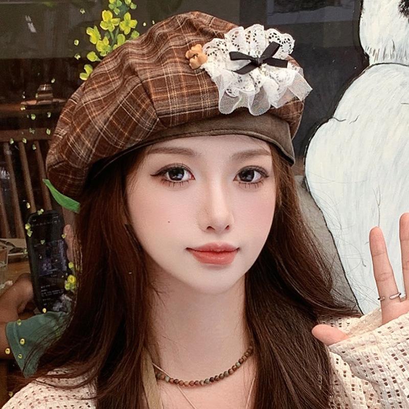 Осенний ретро берет в клетку с бантом в виде медведя, восьмиугольная шляпа, подчеркивающая лицо, шляпа маленького художника, женская