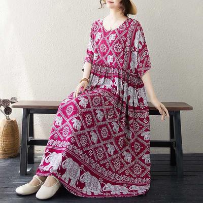 Круглый вырез Свободный Большой размер 200 фунтов Богемный Литературный Юбка большого клеша