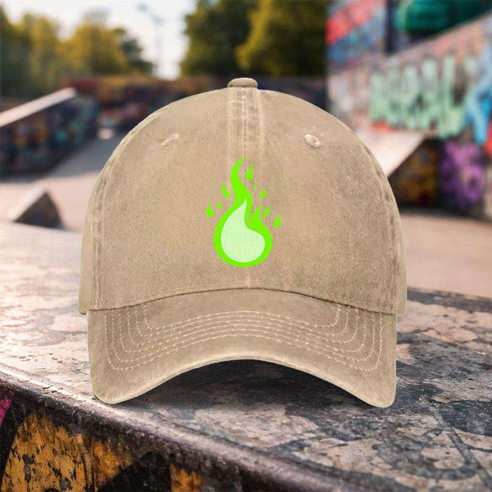 1pc Casual Fashion Green Flame Print Washed Baseball Cap Premium Versatile Outdoor Accessory Unisex Duckbill Hat Suitable For Ou