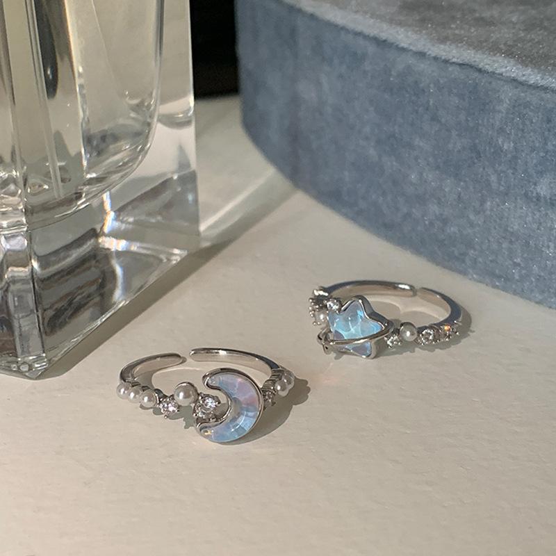 Кольцо Glacier Blue Star Moon Zircon Pearl Opening Ring для женщин, индивидуальность, изысканный модный тренд, универсальное кольцо