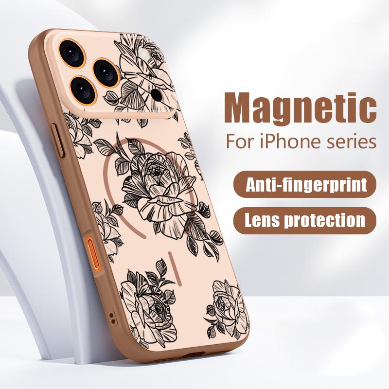 Чехол с узором розы в стиле эскиза для iPhone 17 Pro Max Магнитный для Magsafe Гибридная Тонкая Матовая Крышка для iPhone 16 15 14 13 Pro Max