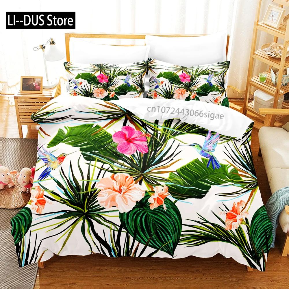 Pink Flamingo Duvet Cover Green Leaves Floral Animal Print Bedding Set For Kids Girls Tropical Pattern Design Bedroom Decor
