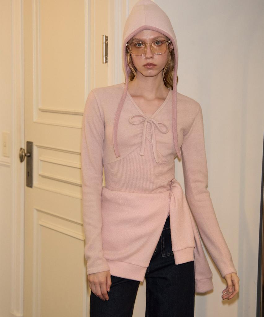 SALON DE YOHN V-Neck Ribbon Shirring Knit_ Pink