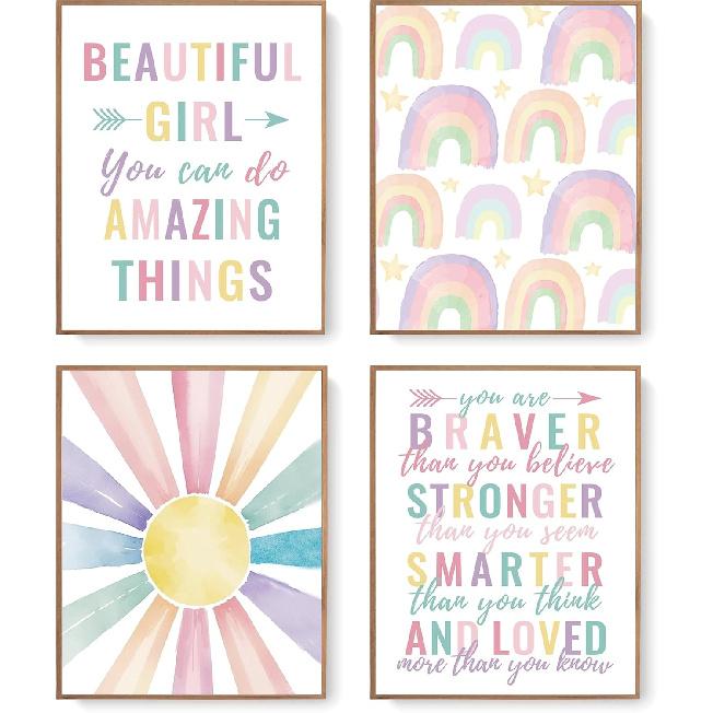 LARTSFRO Boho Pastel Rainbow Sunshine pirational Nursery Wall Art Prints Set of 4, Baby Girl Room Decor, Positive Affirmations Artwork Posters Wall
