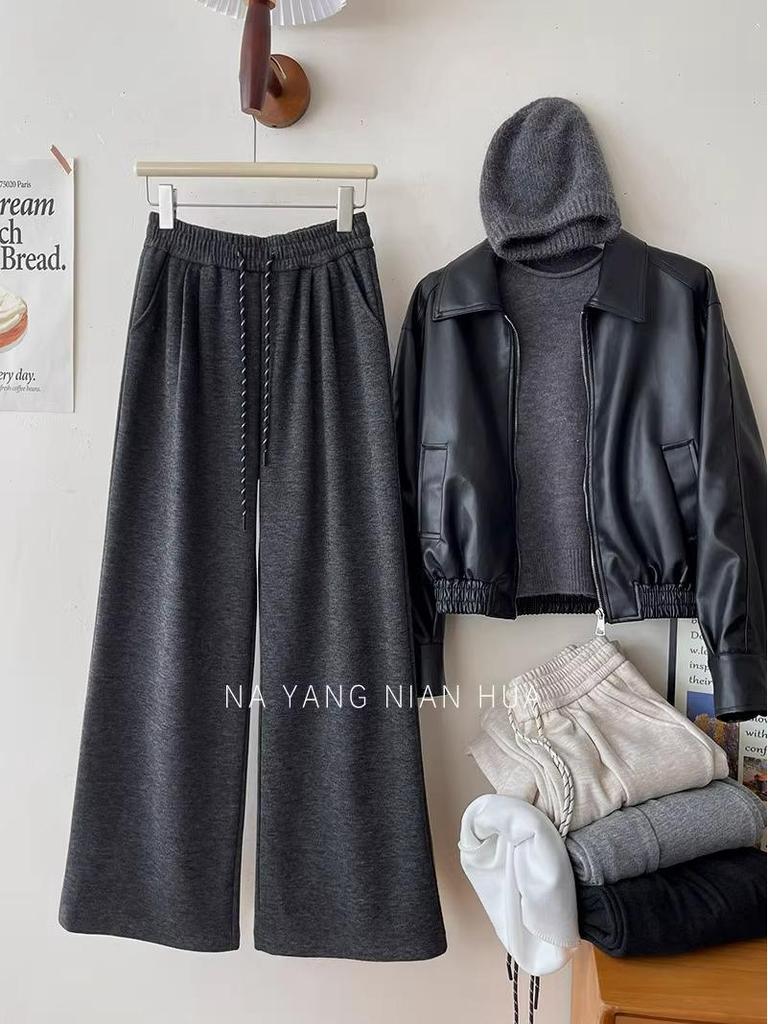 Petite Fleece-Lined Slimming Straight-Leg Pants for Women - Autumn/Winter Elastic Waist Casual Versatile Style