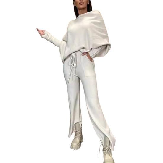 2 шт./комплект женский топ брюки комплект с открытыми плечами длинный рукав летучая мышь толстовка эластичный пояс расклешенные спортивные штаны спортивный наряд осенний повседневный спортивный костюм