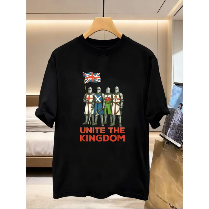 Men's Union Jack Knight Retro T-Shirt with British Union Jack and Medieval Knight Design Loose-fitting Casual Short-sleeved Crew Neck Suitable for