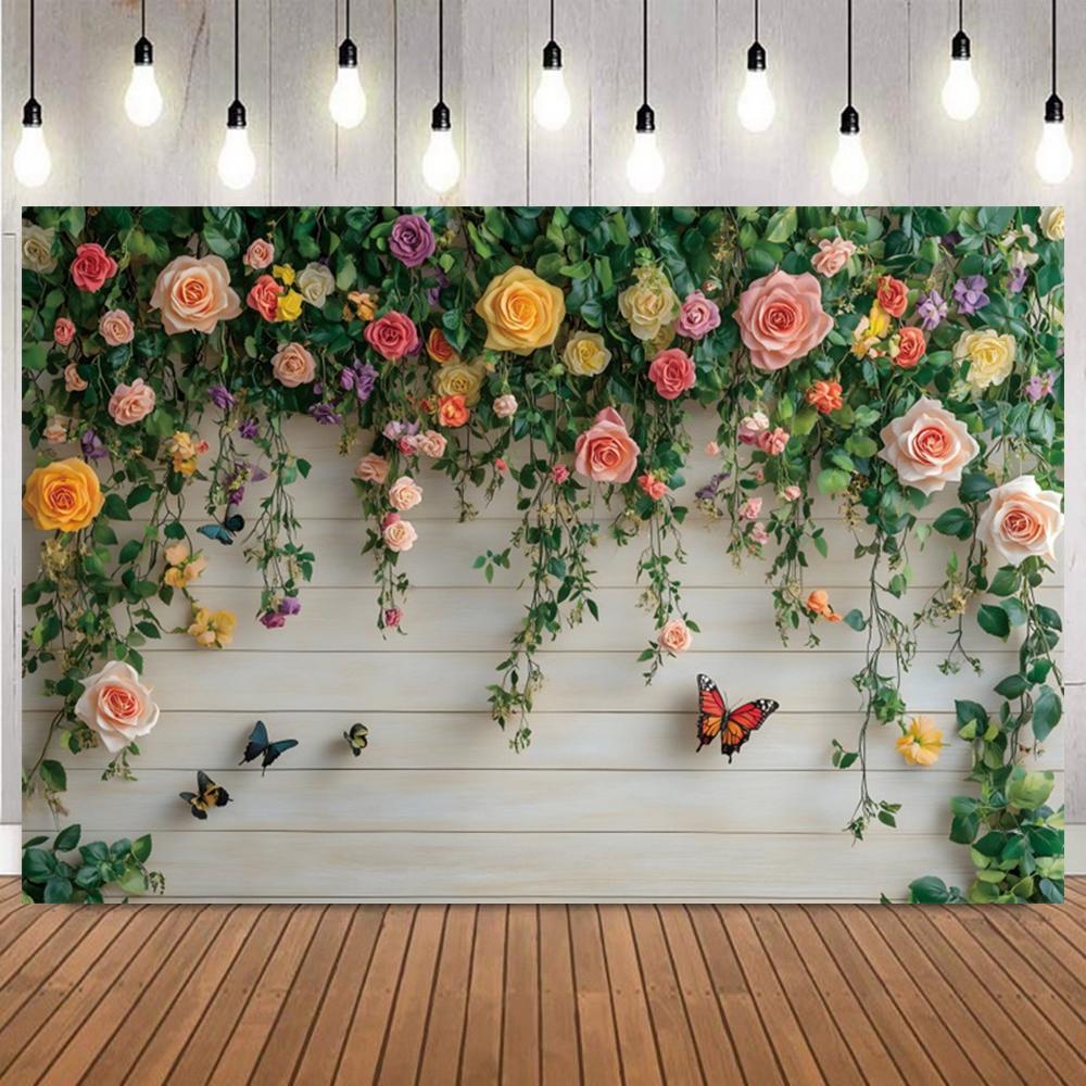 Pink Rose Vine Photography Background Romantically Decorative White Fence with Butterfly for Wedding Baby Shower Birthday Party5