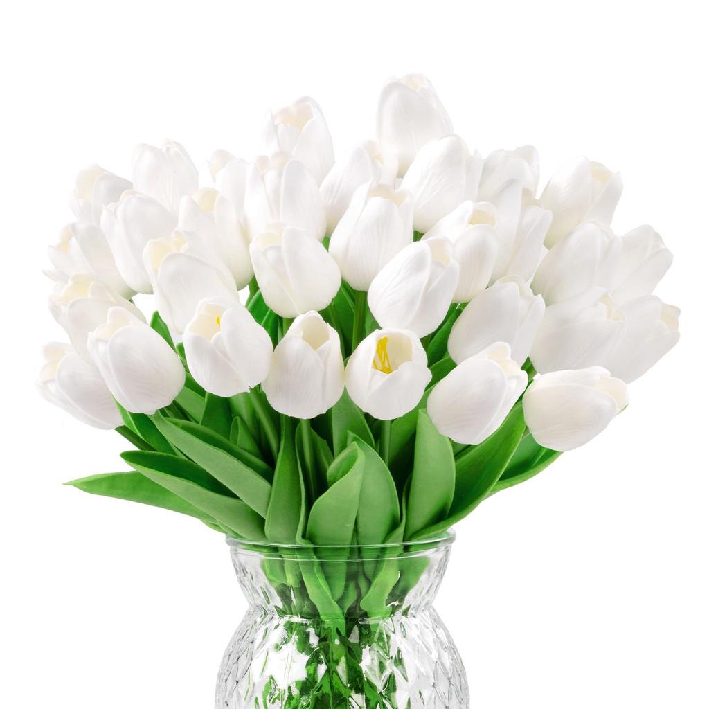 30Pcs Fake Tulips Artificial Flowers with Stems Faux Tulips Bouquet Real Touch Flower for Wedding Home Kitchen Spring Easter Mother's Day