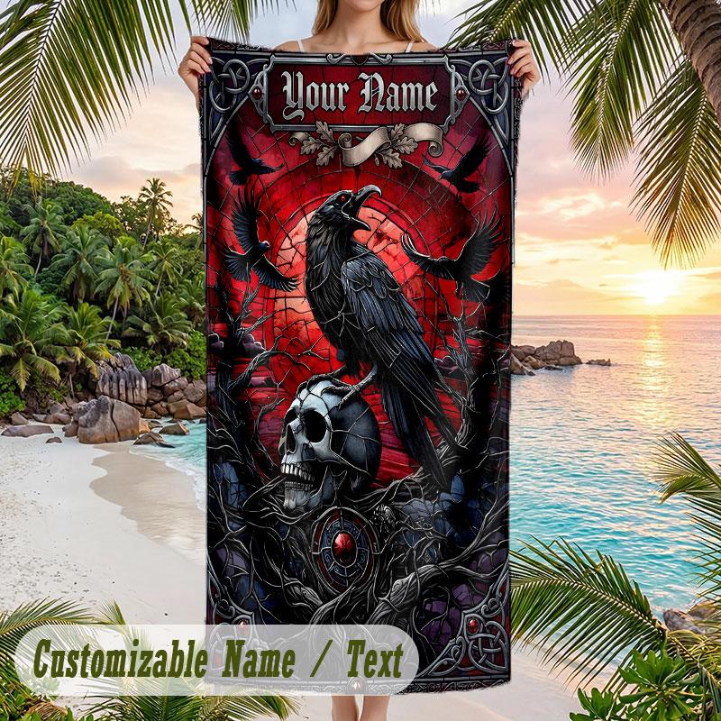 Raven Autumnal Landscape Theme Quick Dry Beach Towel Custom Name Text Print Large Sand Resistant Towel Beach Vacation