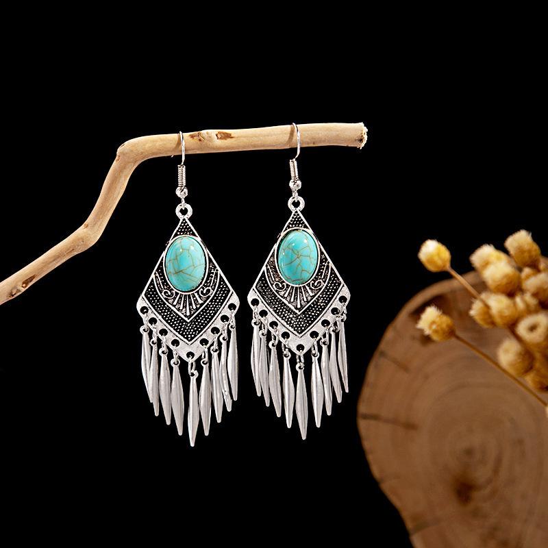 European and American Retro Ethnic Style Turquoise Earrings, Hollow Ring Flower Fringed Earrings, Owl Water Drop Earrings