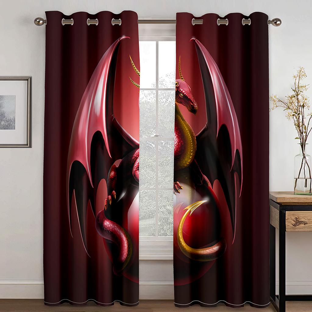 Customize Red Medieval Fantasy Dragon Design 2 Panels Thin Window Curtains for Living Room Bedroom Drape Decortion