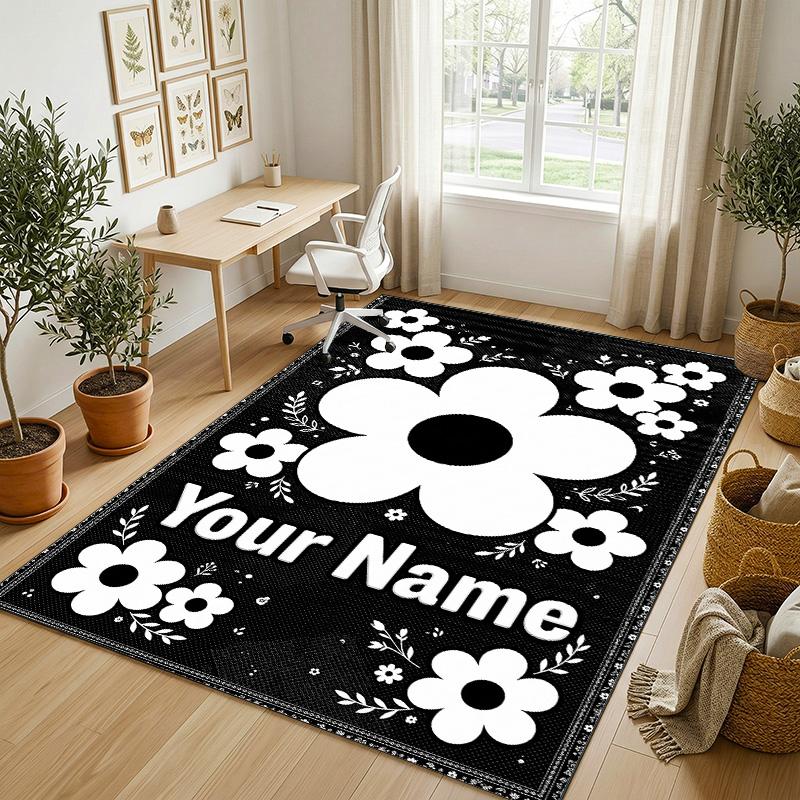 Floral Theme Soft Crystal Velvet Rug Custom Name & Text Print Non Slip Floor Rug for Bedroom Living Room