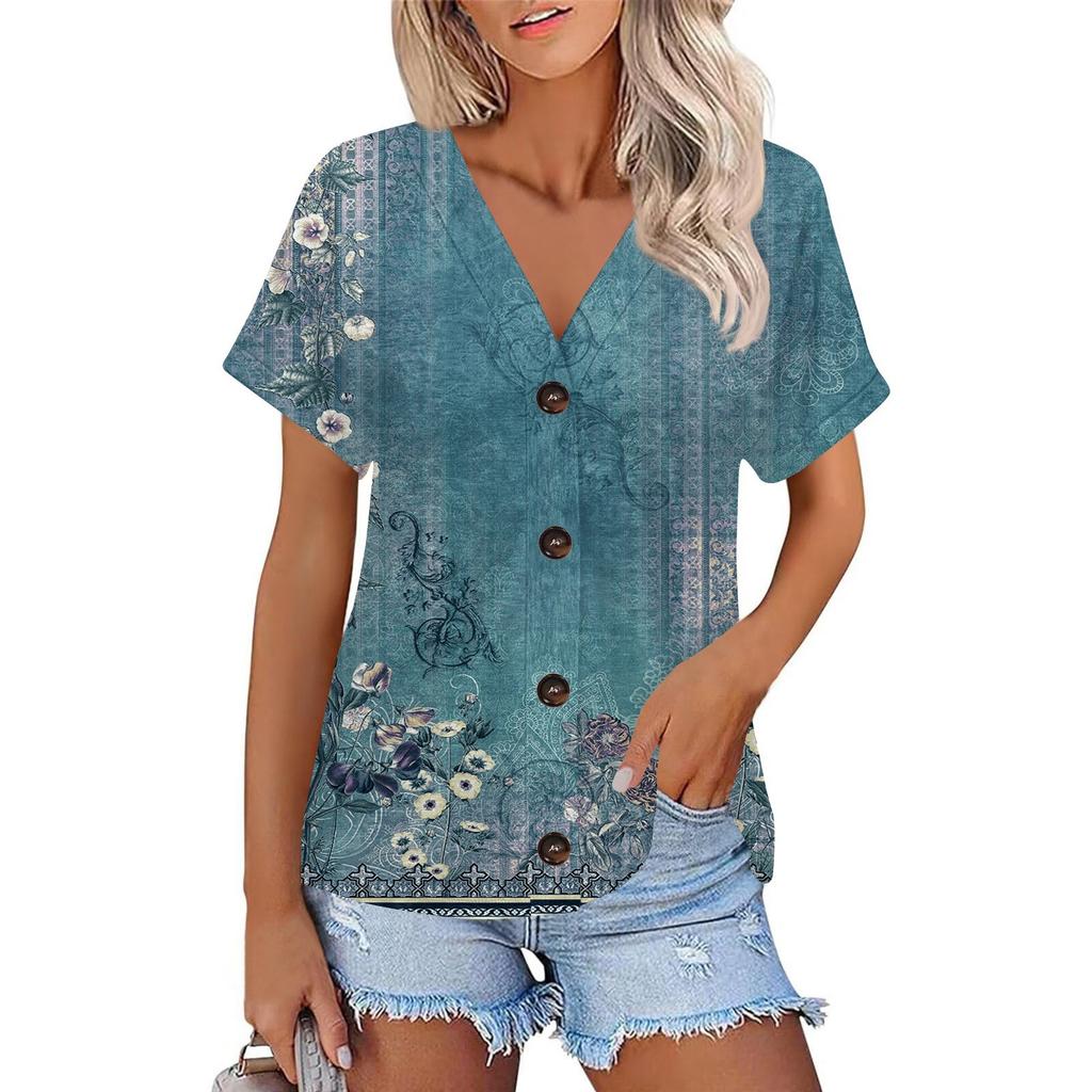 Женская модная повседневная футболка с короткими рукавами и V-образным вырезом, цветочным принтом и застежкой на пуговицы