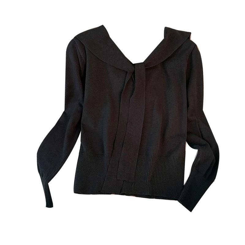 This Stylish Navy Collar, Color-blocking Striped Long-sleeved Knitted Sweater Is A Versatile Top for Women To Look Younger and Slimmer In Autumn