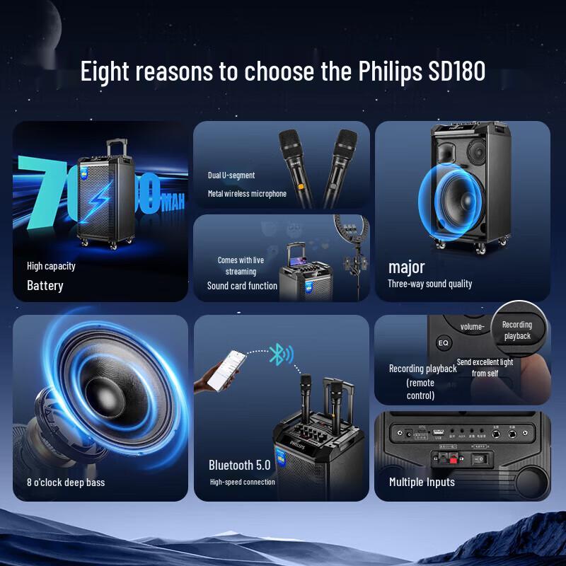 Philips Портативная караоке-колонка SD180 8 дюймов с двумя микрофонами, штекер CN (адаптер в комплекте) (Китайская версия)