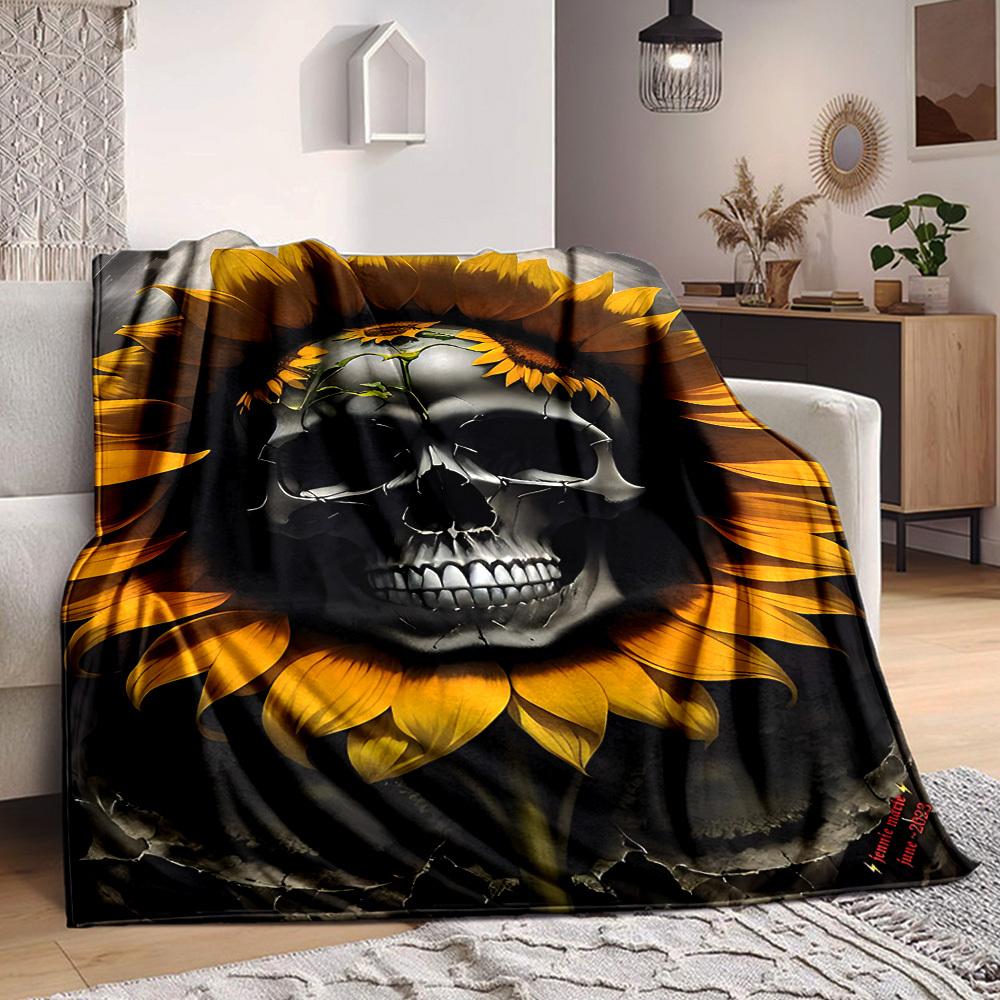 1pc Skull Sunflower Artwork Blanket, Lightweight Flannel Fleece with Digital Printing, Soft Warm for Sofa, Travel, Camping, Office, Couch, Chair, and